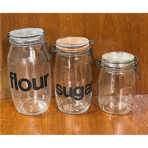 3 Triomphe France Glass Canister / Storage Jars (largest approx: 10x4.5")