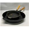 Image 1 : 2 Cast Iron Skillets / Frying Pans Wood Handles 6.5" & 10"