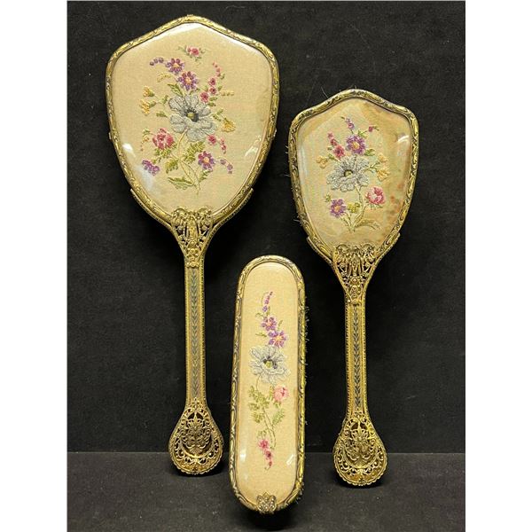 Vintage Petit Point Brass Filigree Vanity Set (mirror: 12.5x4.75")
