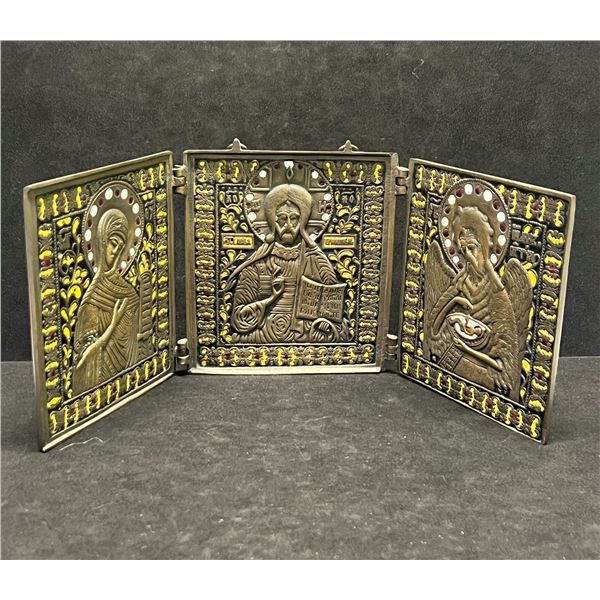 Vintage Cast Metal Religious Folding Tri-Panel Décor Piece Appr: 15.5x5.5"