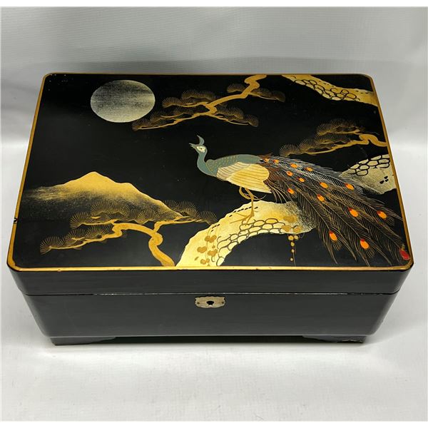 Vintage Peacock Hinged Lid Musical Jewelry / Storage Box