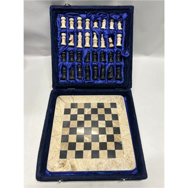 Very Nice Stone Chess Set w/original Box Smaller set (Board approx: 8x8")