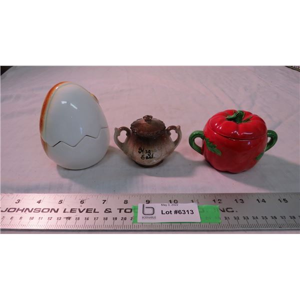 2-piece egg coin bank, tomato dish with lid, brown dish with lid