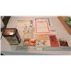 Image 1 : Bassetts tin, vintage postcards, old play money, flash cards, japan documents
