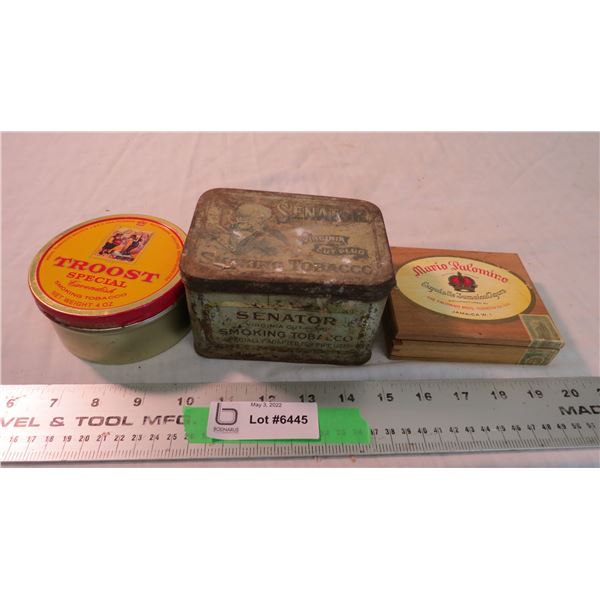 (2) Tobacco tins + (1 wood cigar box)