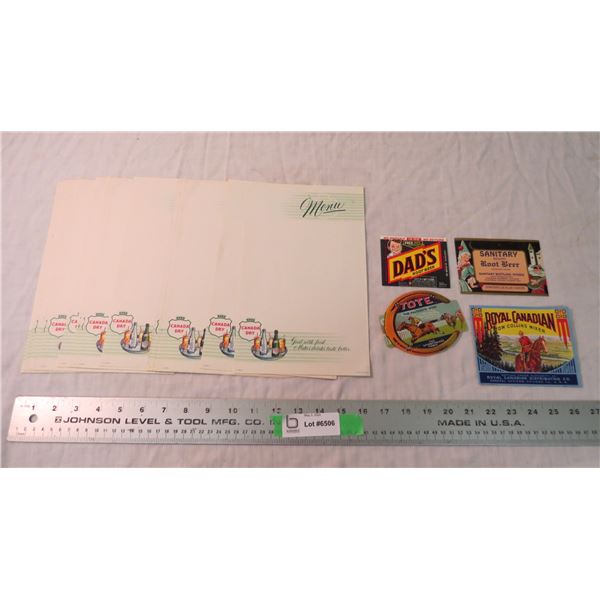 Menu papers Canada Dry with bottle labels