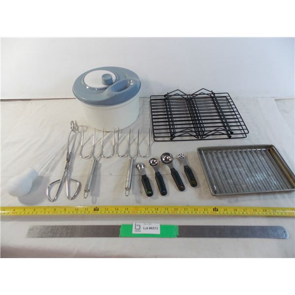 Kitchen items, hot dog forks, lettuce spinner, misc