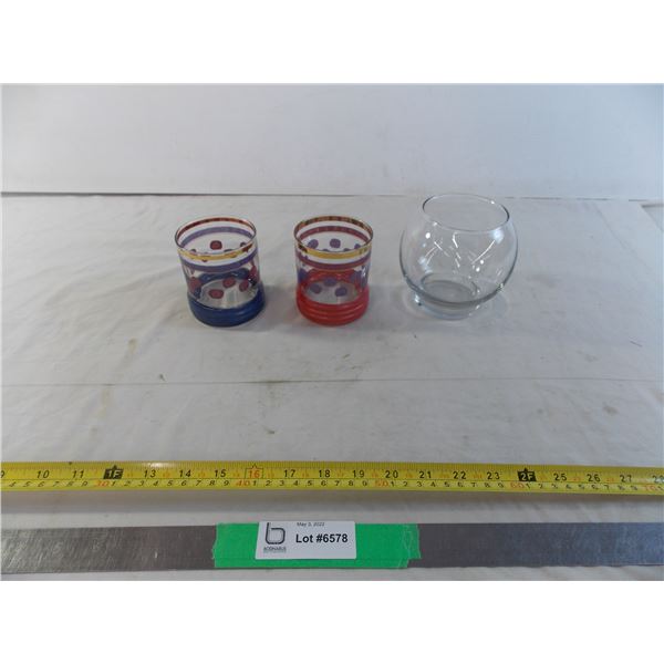 Colorful glass tumblers + small vase