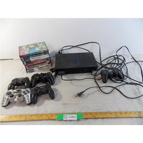 Playstation 2 with 10 games, aftermarket controllers (dirty) - untested