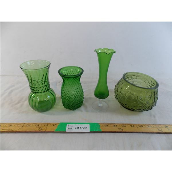 (4) green glass vases