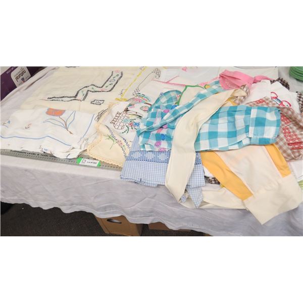 Assorted linens, doilies, pillow cases, aprons