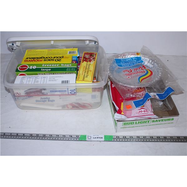 Plastic bin with freezer bags,sandwich bags,plastic spoons