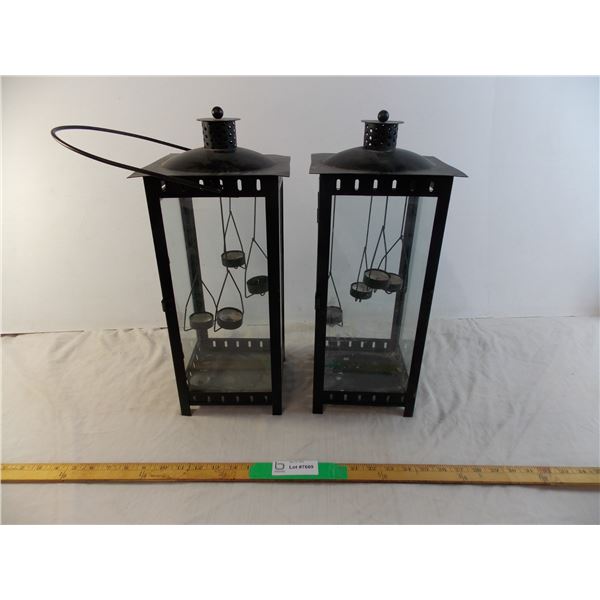 (2) Hanging metal - tea-light candle holders - 19" tall