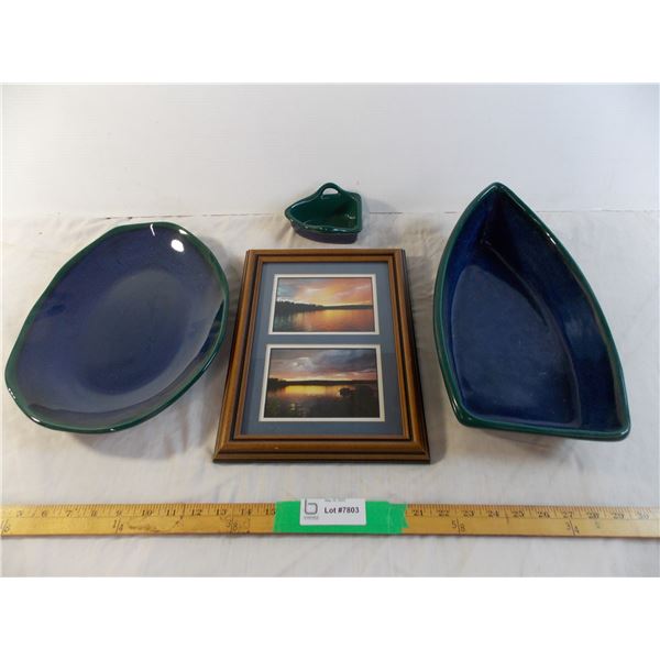 Green ceramic boat dish + other green dish + picture frame