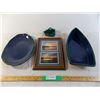 Image 1 : Green ceramic boat dish + other green dish + picture frame