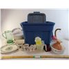 Image 1 : *Tote with lid + kitchen items - pitcher, salad spinner, plates, measuring cup, misc