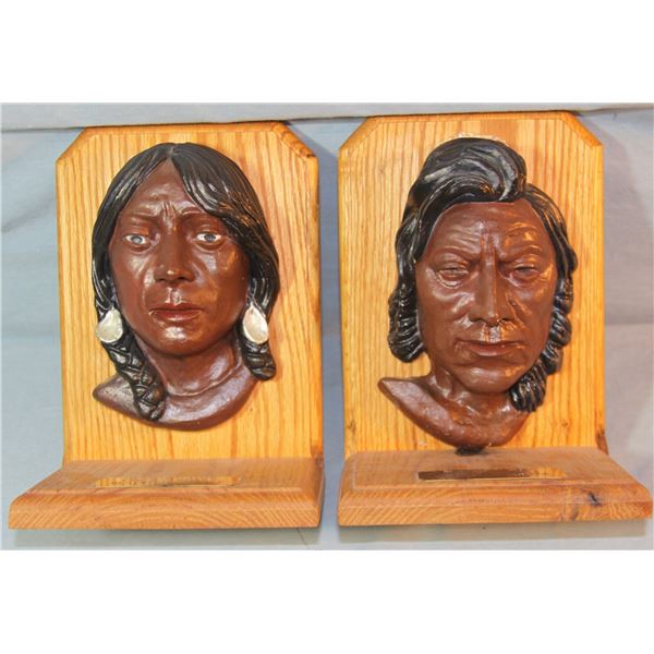 Heikka, E. E. original plaster sculpture bookends, Blackfeet couple, 7" h