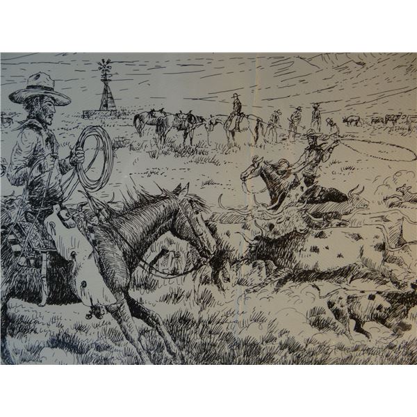 Cheek, C. R. print, 15" x 21", branding scene, 174/250, framed