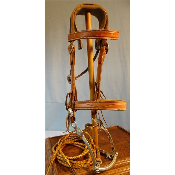 Silver mtd bit in headstall, braided reins, unmarked