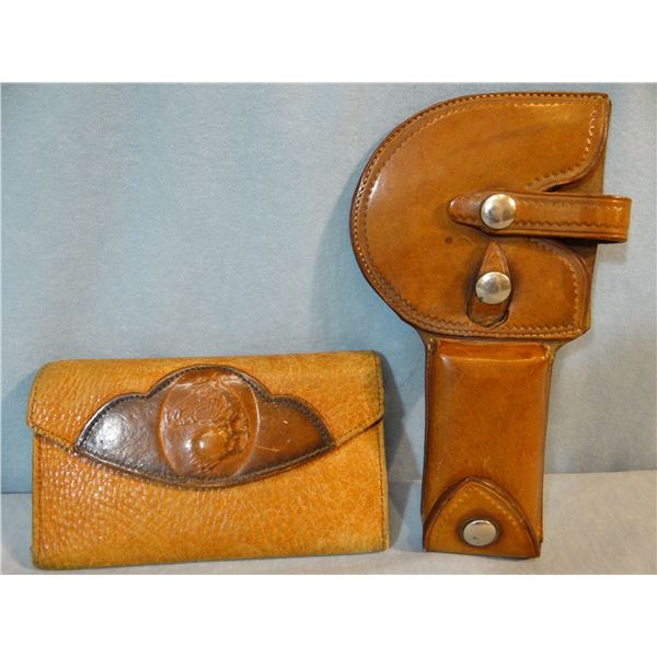 Leather handcuff holder & wallet and cowboy cuffs, 7"