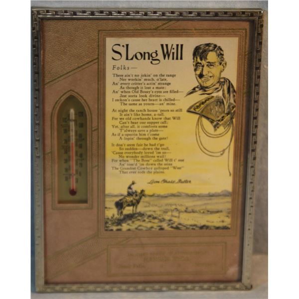 Will Rogers advertising thermometer, Hanson Bros., Great Falls, MT  8" x 6"