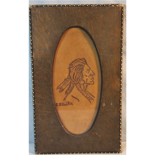 Heikka, E. E. leather carving, Indian Portrait, 10" x 5" oval w/original Heikka sketch on back