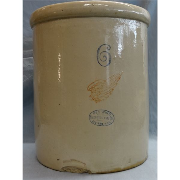 RW 6 gal. crock, 4" wing, hairlines and chip on base