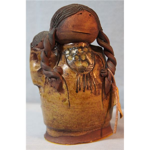 Pottery Indian woman and child, Val Knight, 7" h & Carved wooden Indian woman, 10" h