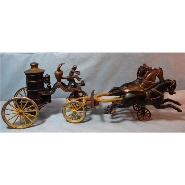 Vintage cast iron fire engine wagon w/3 horses, 22" l