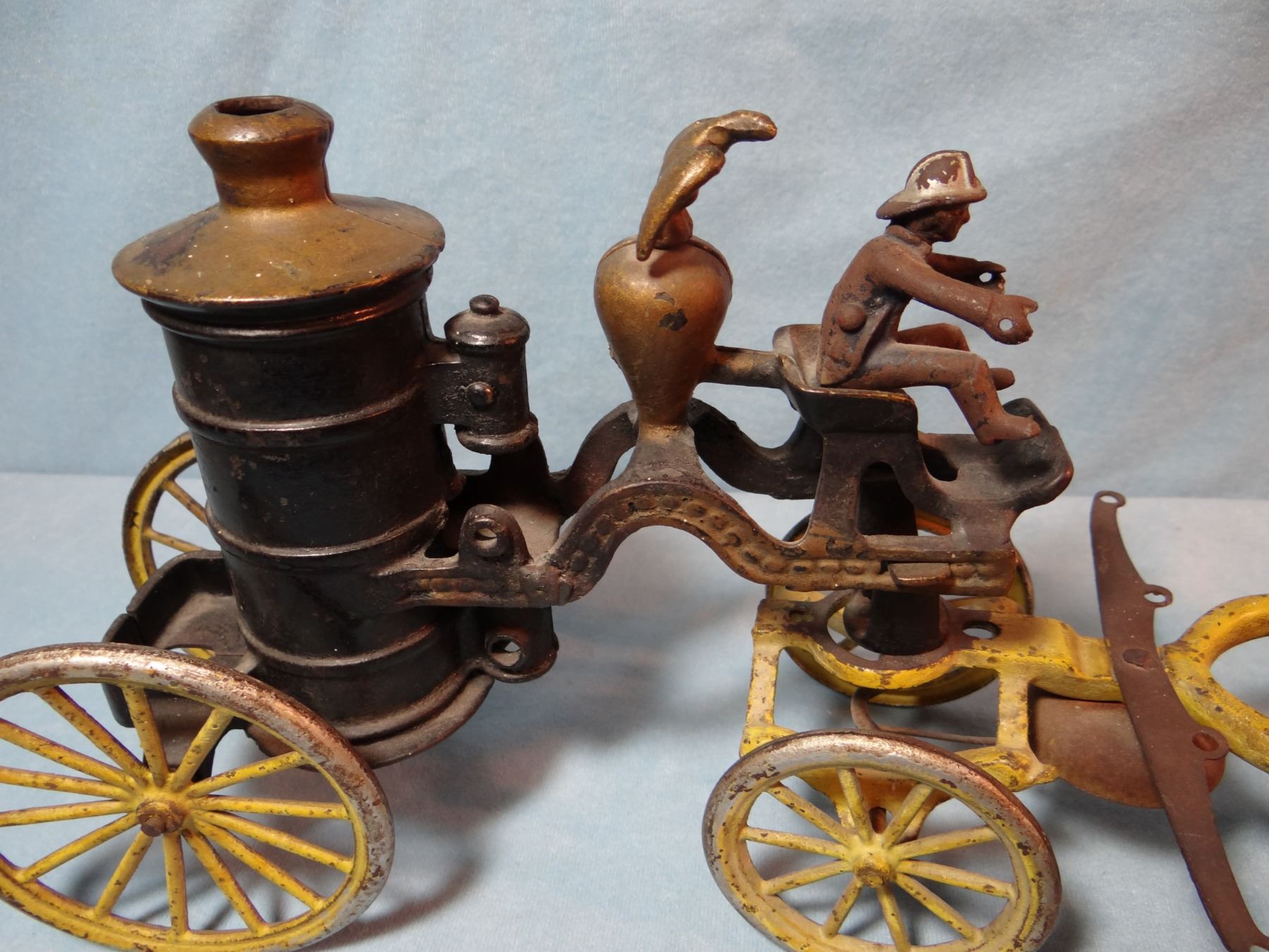 Vintage cast iron fire engine wagon w/3 horses, 22" l