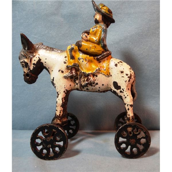 Vintage cast iron white donkey w/lady rider, 6" h x 7" l
