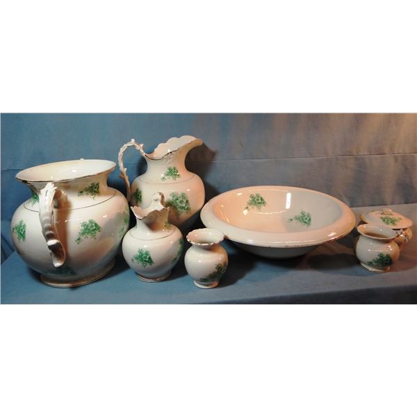 Taylor Knowles porcelain dresser set with provenance, wash pitcher, bowl, small pitcher, commode, co