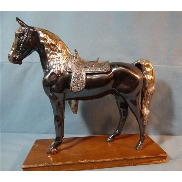 Spelter bronze black  horse w/silver saddle & mane, 11" x 12"