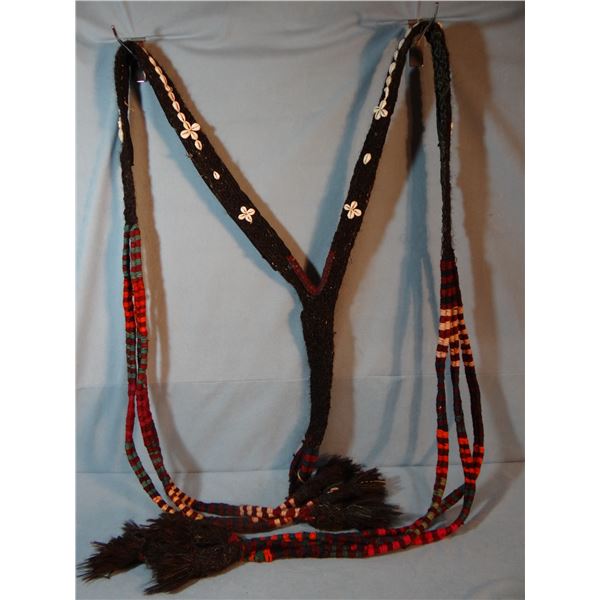 Northwest Indian horsehair and woven yarn breast collar, multi-color, shell decorations