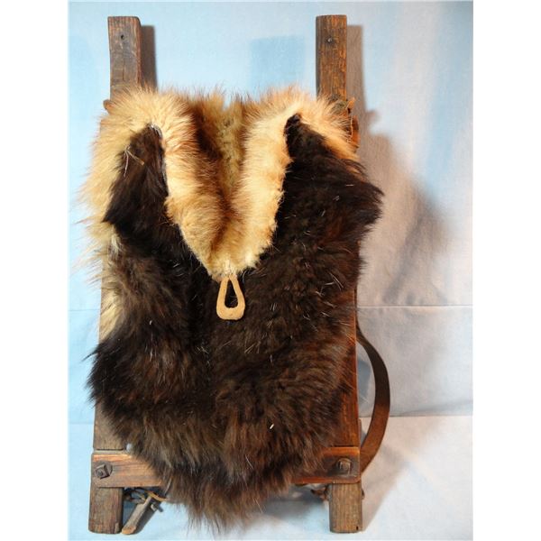 Vintage back pack, wooden frame w/tanned Wolverine fur trim