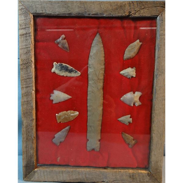 11 Indian artifacts, 10 points, 1 spear point, 7 1/2"