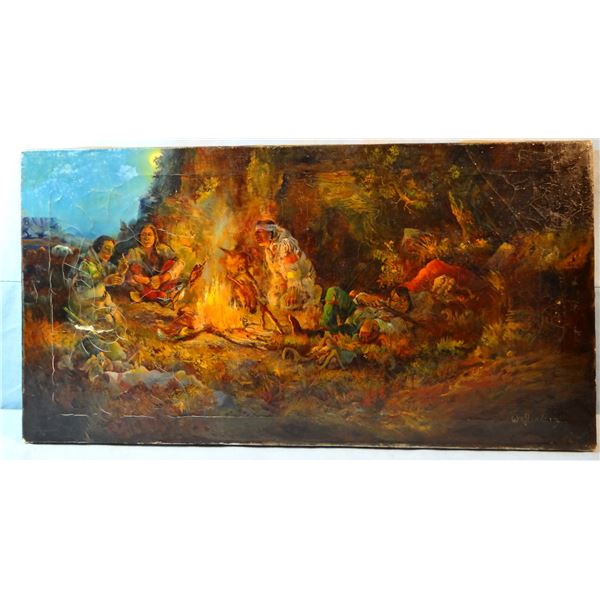 Standing, William oil, Indians around campfire, moonlight night, 15" x 28 1/2"