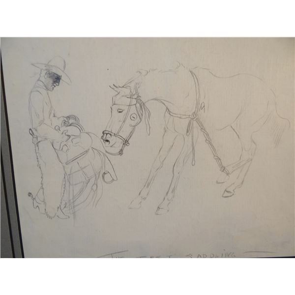 James, Will original pencil drawing, First Saddling, unsigned, 7 1/2" x 8 3/4", framed