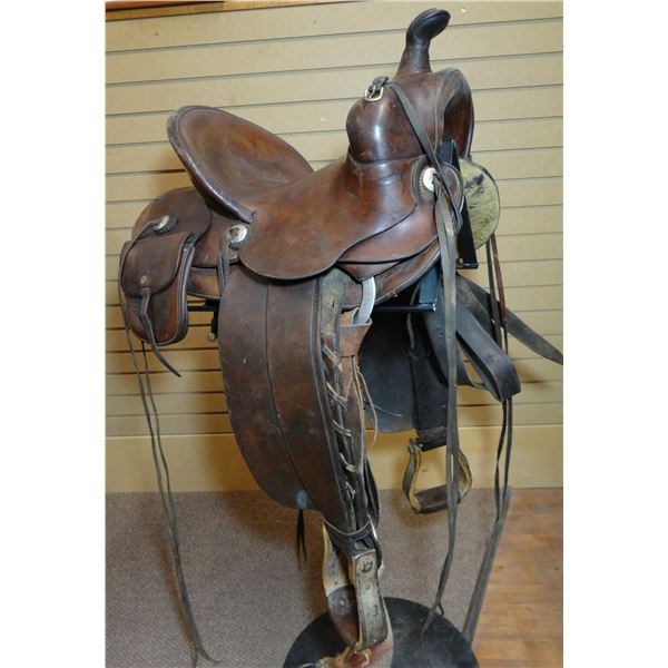 Heiser 13" saddle w/original saddle pockets, belonged to Dorothy Leipheimer, Butte.