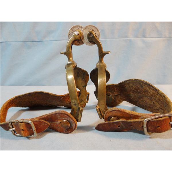 Hercules Bronze horsehead spurs, walking liberty half dollar rowells, orig. tooled straps