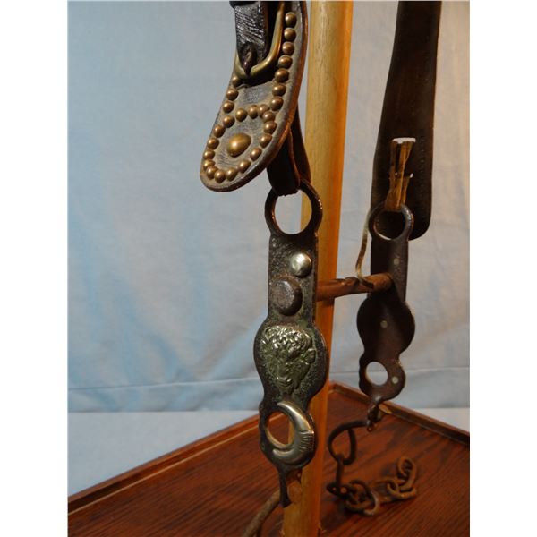Buermann iron bit with silver mtd buffalo heads in studded headstall