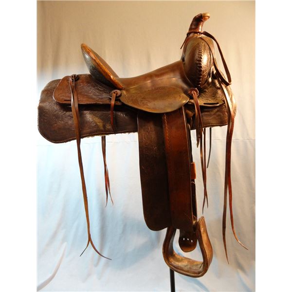 George Lawrence 15" saddle, sq. skirt, flower stamped, some restoration
