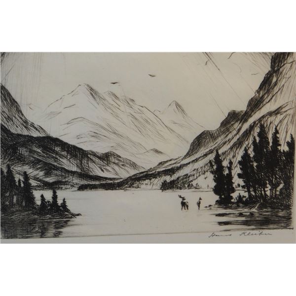 Kleiber, Hans etching, Elk In Lake, 4 1/2" x 6"