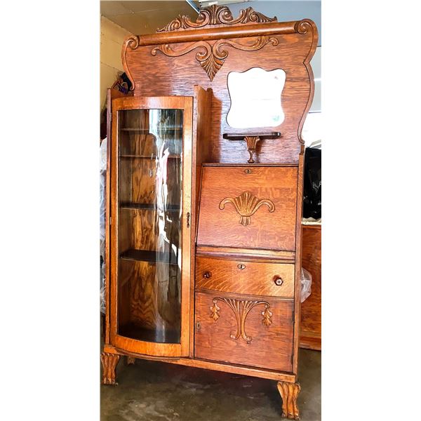 Oak secretary china cabinet, curved glass door, orig. overlays, claw feet, 36 1/2" w x 6’ 3”h