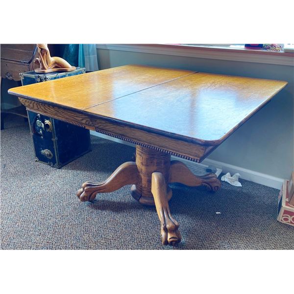 Square oak dining table, 44” sq., beaded edge, claw feet, 3 not original leaves