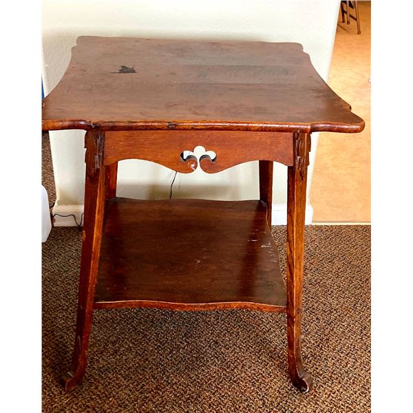 Oak parlor table, 24” sq. x 29” h and vintage carved cedar lamp
