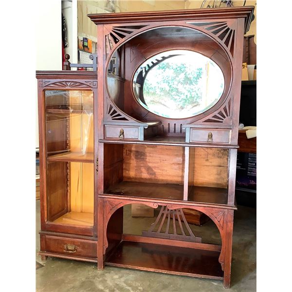 Mahogany bookcase / china cabinet, 52 3/4" h x 42 3/4" w x14 1/2" d, large oval mirror