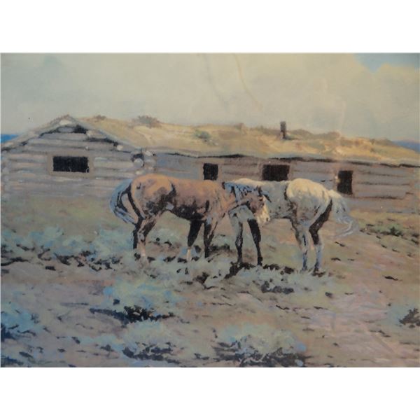 Cheek, C. R. framed print, Log Cabin & Horses, #8/150, 8" x 10"