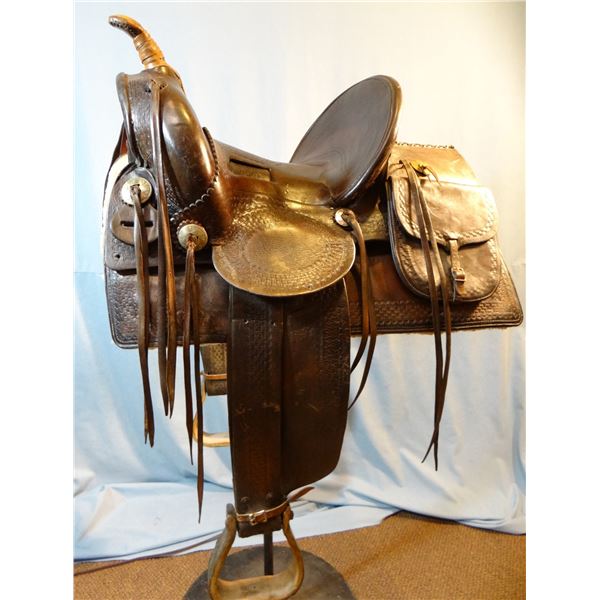 Coggshall, Miles City, MT high-back loop-seat saddle #406 w/saddle pockets, some restoration includi