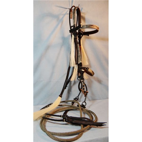 Deer Lodge prison-made hitched horsehair bridle  w/braided reins